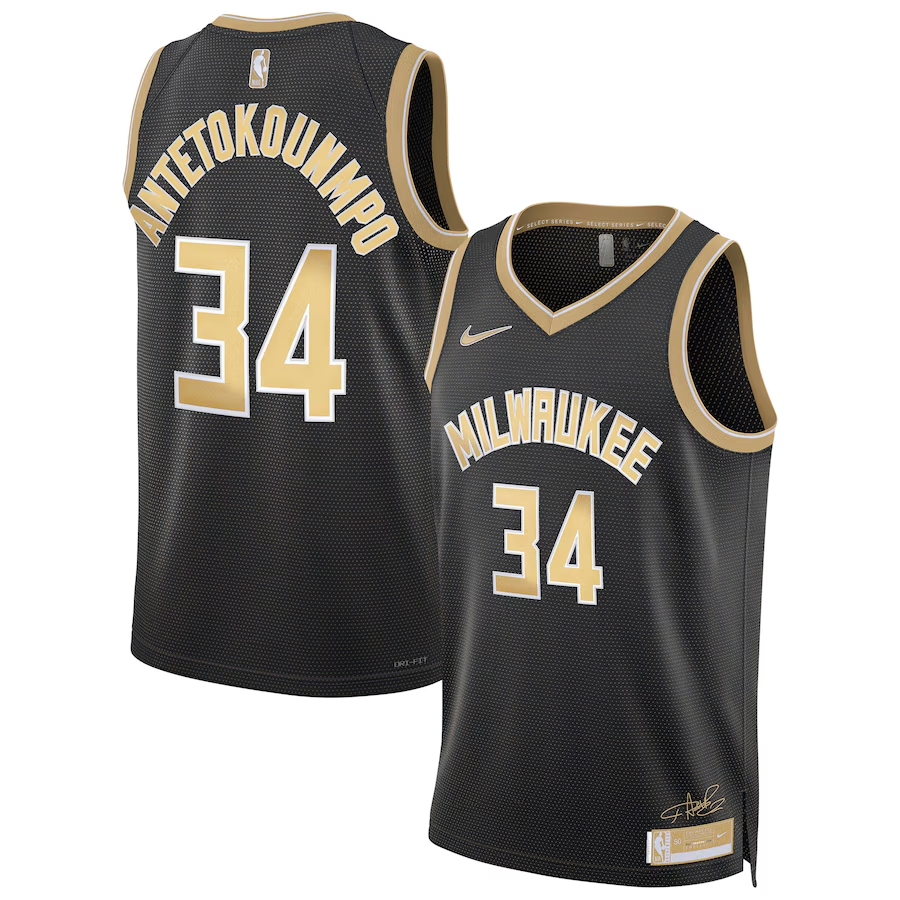 Men's Milwaukee Bucks #34 Giannis Antetokounmpo Black Gold 2024 Select Series Stitched Jersey
