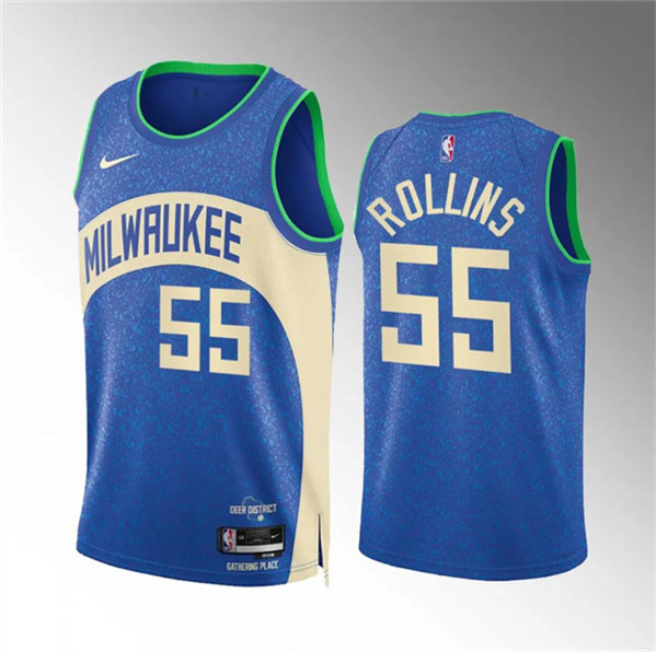 Men's Milwaukee Bucks #55 Ryan Rollins 2023-24 Blue City Edition Stitched Basketball Jersey