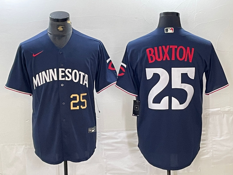Men's Minnesota Twins #25 Byron Buxton Number 2023 Navy Blue Cool Base Stitched Jerseys