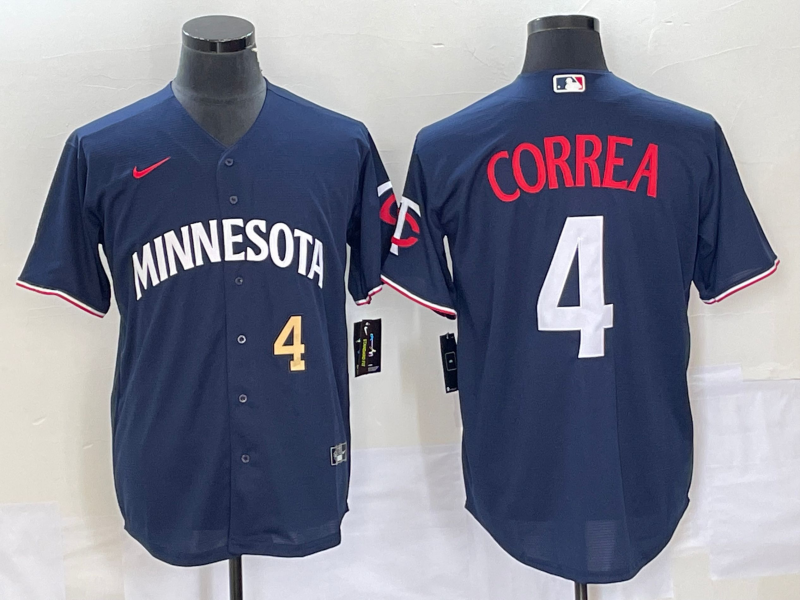 Men's Minnesota Twins #4 Carlos Correa Number 2023 Navy Blue Cool Base