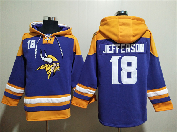 Men's Minnesota Vikings #18 Justin Jefferson Purple Yellow Ageless Must-Have Lace-Up Pullover Hoodie