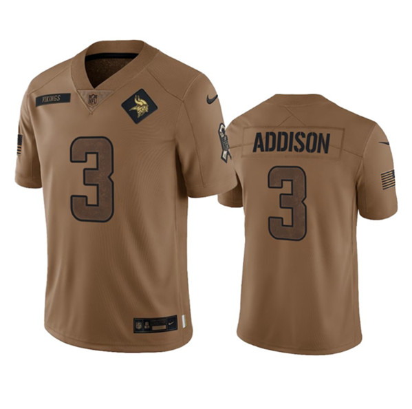 Men's Minnesota Vikings #3 Jordan Addison 2023 Brown Salute To Service Limited Football Stitched Jersey