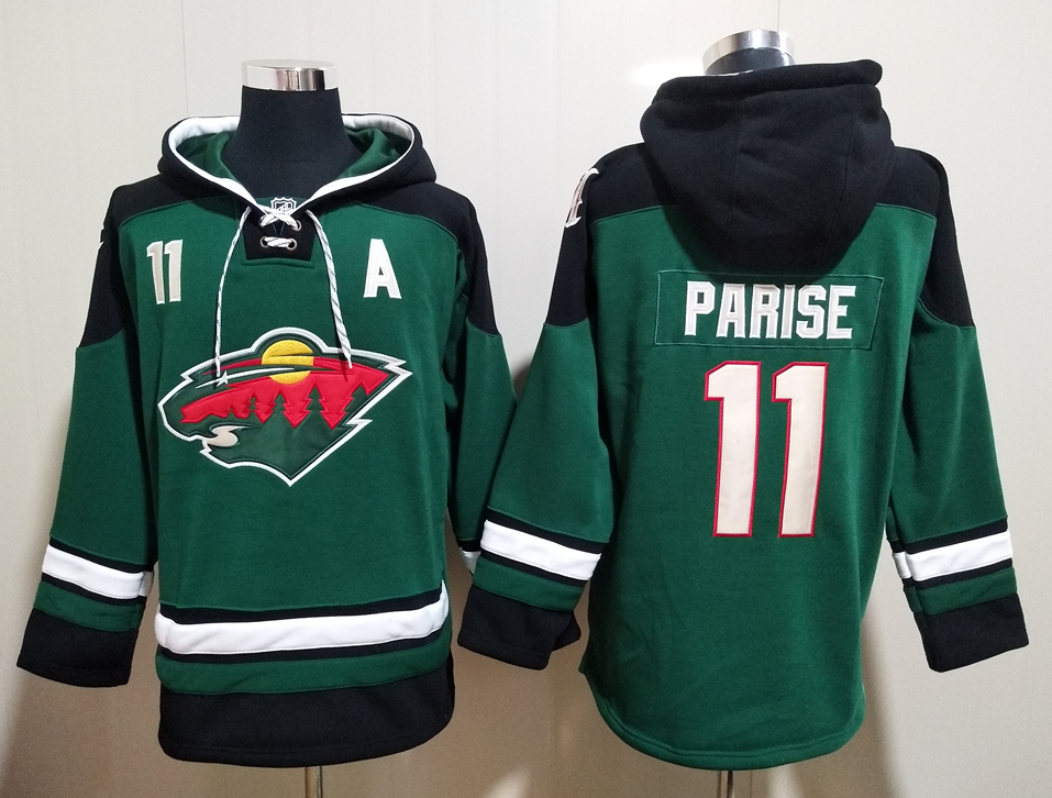 Men's Minnesota Wild #11 Zach Parise Green All Stitched Hooded Sweatshirt Ageless Must-Have Lace-Up Pullover Hoodie
