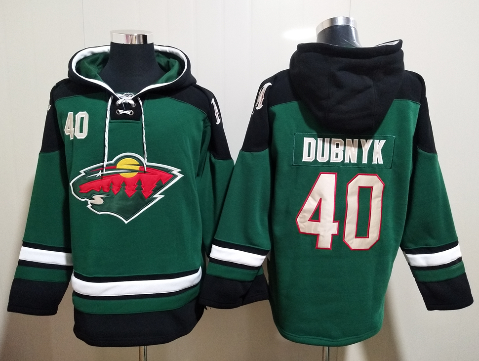 Men's Minnesota Wild #40 Devan Dubnyk Green All Stitched Hooded Sweatshirt Ageless Must-Have Lace-Up Pullover Hoodie