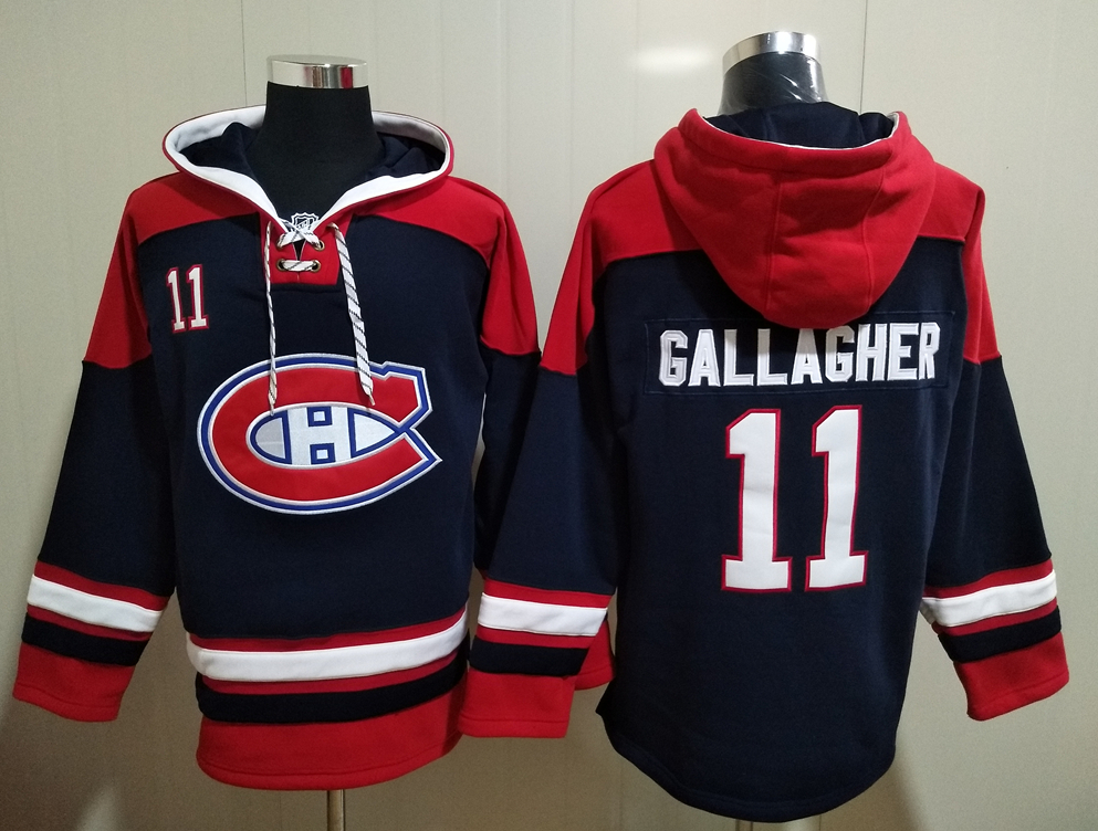 Men's Montreal Canadiens #11 Brendan Gallagher Dark Blue All Stitched Hooded Sweatshirt Ageless Must-Have Lace-Up Pullover Hoodie