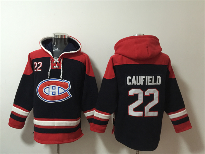 Men's Montreal Canadiens #22 Cole Caufield Navy Red Lace-Up Pullover Hoodie