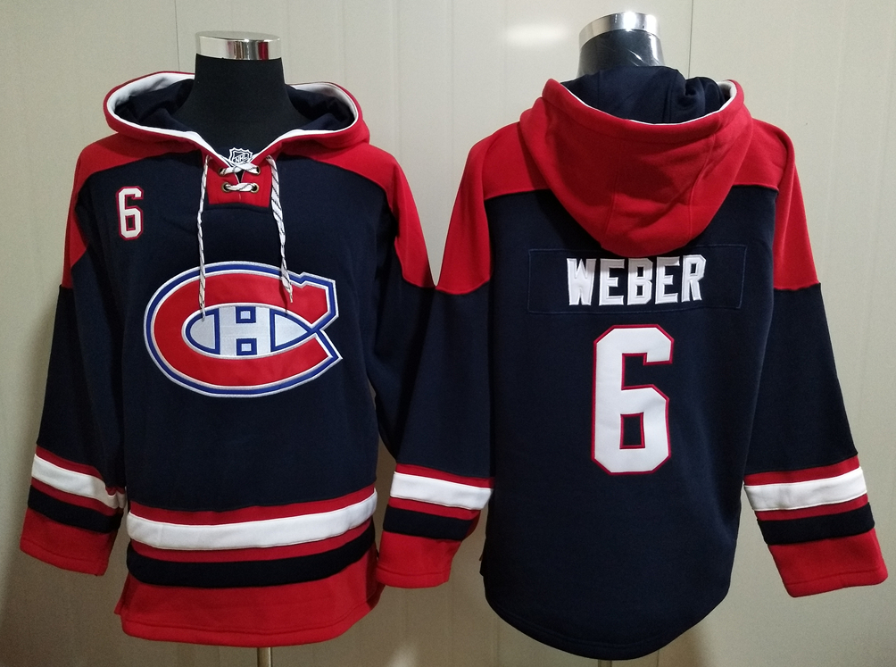 Men's Montreal Canadiens #6 Shea Weber Dark Blue All Stitched Hooded Sweatshirt Ageless Must-Have Lace-Up Pullover Hoodie