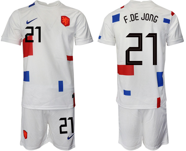 Men's Netherlands #21 F.De Jong White Away Soccer 2022 FIFA World Cup Jerseys