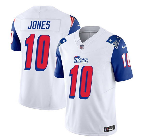 Men's New England Patriots #10 Mac Jones White Blue 2023 F.U.S.E. Vapor Limited Football Stitched Jersey