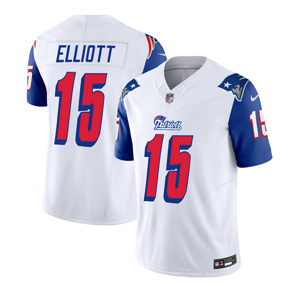 Men's New England Patriots #15 Ezekiel Elliott White Blue 2023 F.U.S.E. Vapor Limited Football Stitched Jersey