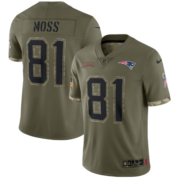 Men's New England Patriots #81 Randy Moss 2022 Olive Salute To Service Limited Stitched Jersey