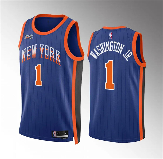 Men's New Yok Knicks #1 Duane Washington Jr Blue 2023-24 City Edition Stitched Basketball Jersey