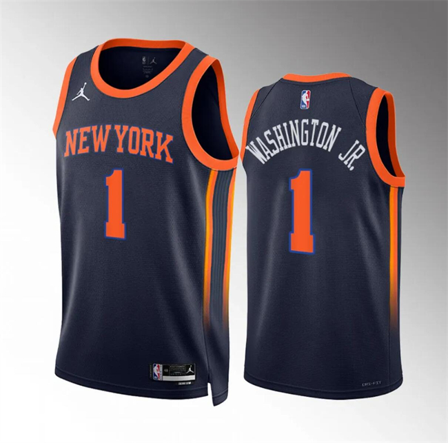 Men's New Yok Knicks #1 Duane Washington Jr Navy Statement Edition Stitched Basketball Jersey