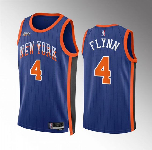 Men's New Yok Knicks #4 Malachi Flynn Blue 2023-24 City Edition Stitched Basketball Jersey