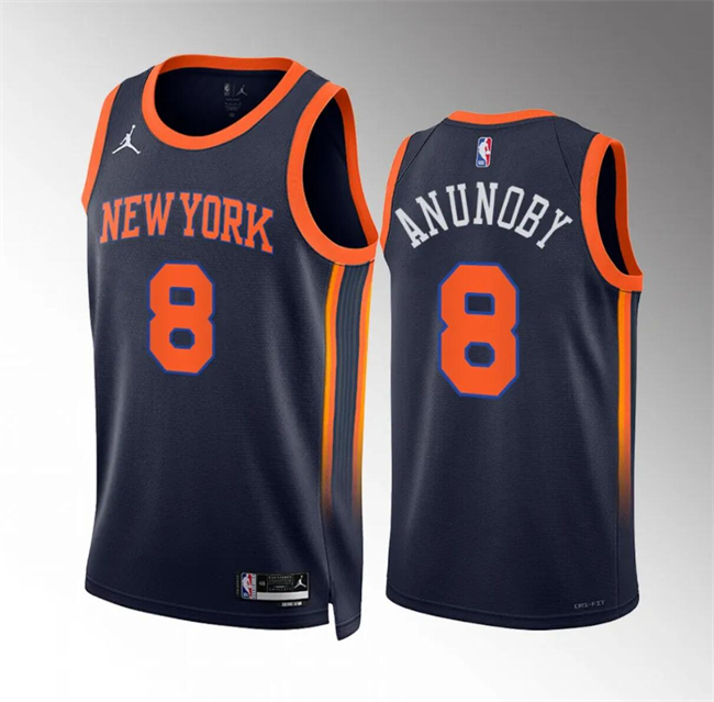 Men's New Yok Knicks #8 OG Anunoby Navy Statement Edition Stitched Basketball Jersey
