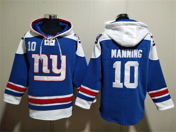Men's New York Giants #10 Eli Manning Blue Lace-Up Pullover Hoodie