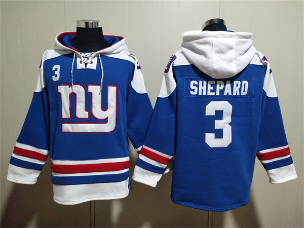 Men's New York Giants #3 Sterling Shepard Blue Lace-Up Pullover Hoodie