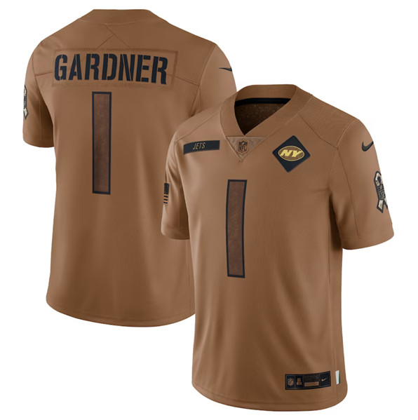 Men's New York Jets #1 Sauce Gardner 2023 Brown Salute To Service Limited Football Stitched Jersey