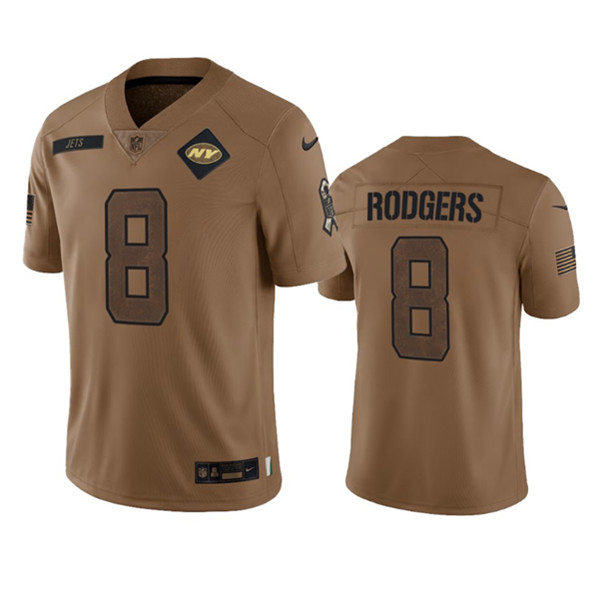 Men's New York Jets #8 Aaron Rodgers 2023 Brown Salute To Service Limited Football Stitched Jersey