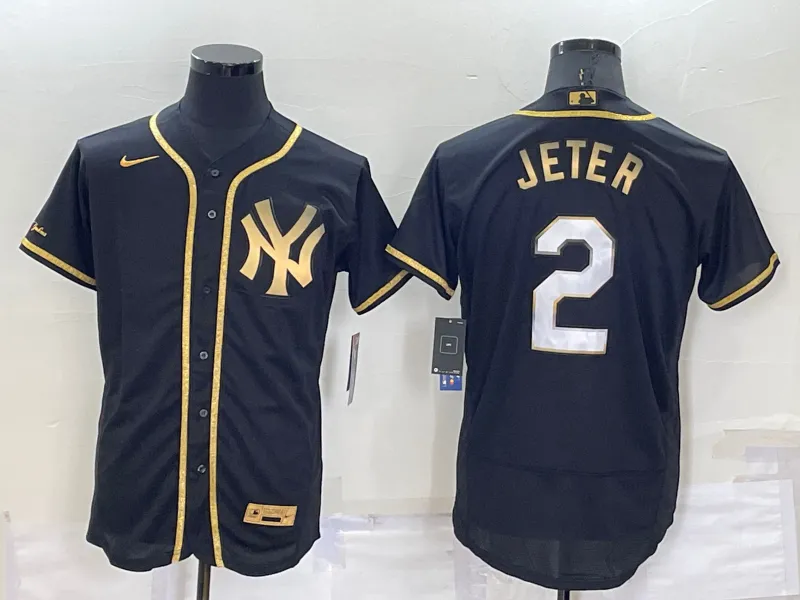 Men's New York Yankees #2 Derek Jeter Black Gold Flex Base Stitched Baseball Jersey