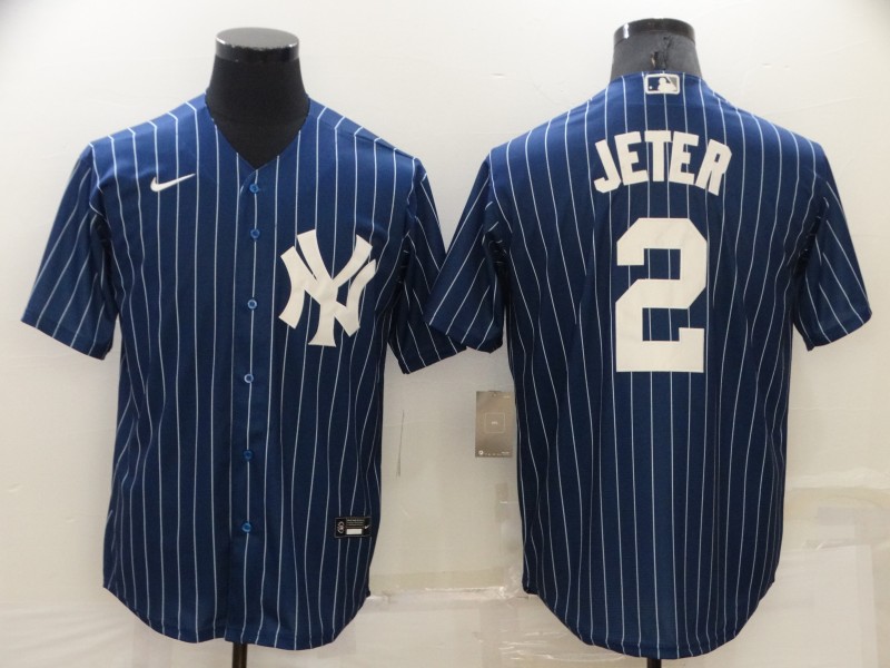 Men's New York Yankees #2 Derek Jeter Navy Blue Pinstripe Stitched MLB Cool Base Nike Jersey