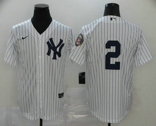 Men's New York Yankees #2 Derek Jeter White No Name 2020 Hall of Fame Patch Stitched MLB Cool Base Nike Jersey