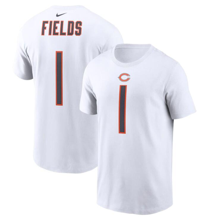 Men's Nike #1 Justin Fields White Chicago Bears 2021 NFL Draft First Round Pick Player Name & Number T-Shirt