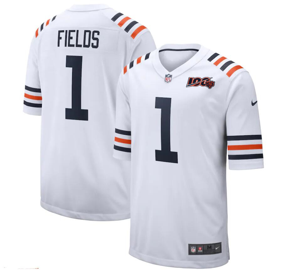 Men's Nike Chicago Bears #1 Justin Fields White Player Game Jersey with 100th Year Anniversary  Patch
