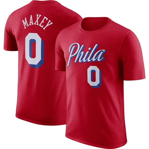 Men's Philadelphia 76ers #0 Tyrese Maxey Red 2022-23 Statement Edition Name & Number T-Shirt