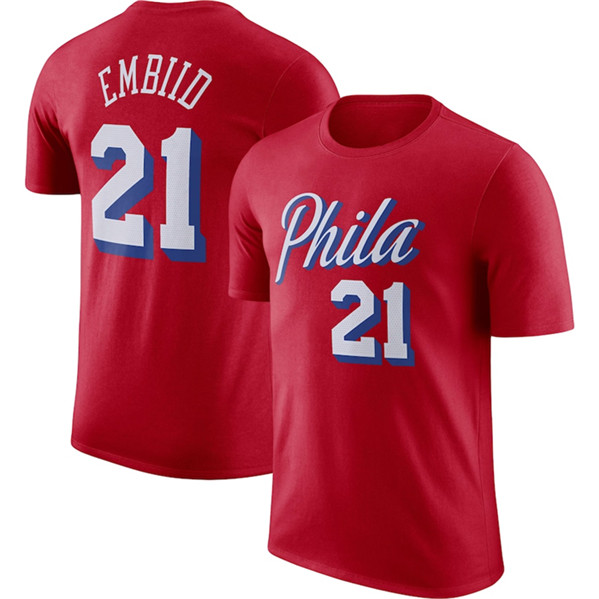 Men's Philadelphia 76ers #21 Joel Embiid Red 2022-23 Statement Edition Name & Number T-Shirt