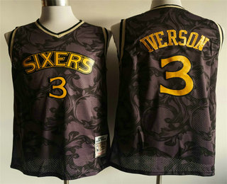 Men's Philadelphia 76ers #3 Allen Iverson 1996-97 Purple With Yellow Hardwood Classics Soul Swingman Throwback Jersey
