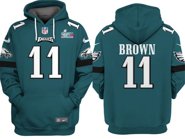 Men's Philadelphia Eagles #11 A.J. Brown Green Super Bowl LVII Patch Pullover Hoodie