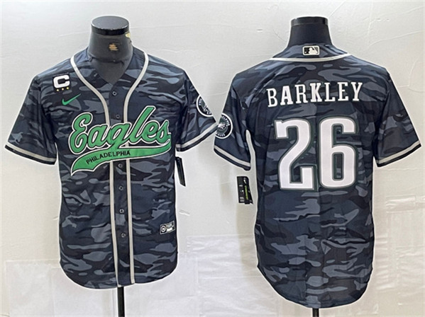 Men's Philadelphia Eagles #26 Saquon Barkley Gray Camo With 3-star C Patch Cool Base Baseball Stitched Jersey