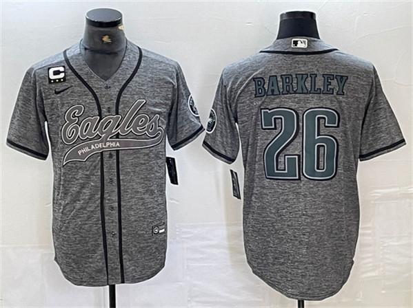 Men's Philadelphia Eagles #26 Saquon Barkley Gray With 3-star C Patch Cool Base Baseball Stitched Jersey
