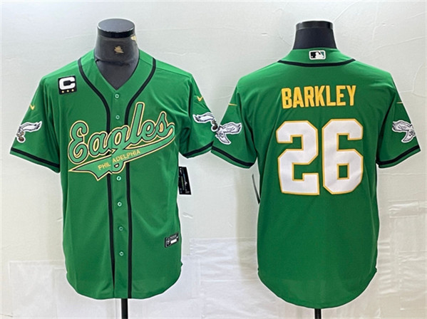 Men's Philadelphia Eagles #26 Saquon Barkley Green Gold With 3-star C Patch Cool Base Baseball Stitched Jersey