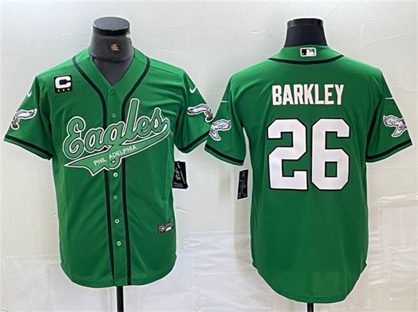 Men's Philadelphia Eagles #26 Saquon Barkley Green With 3-star C Patch Cool Base Baseball Stitched Jersey