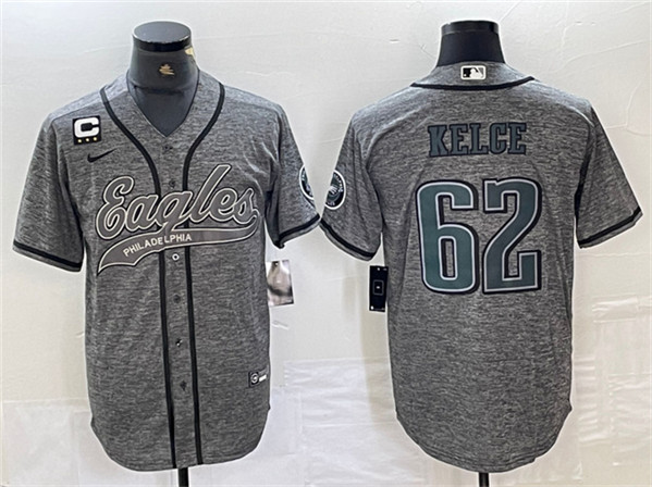 Men's Philadelphia Eagles #62 Jason Kelce Gray With 3-star C Patch Cool Base Baseball Stitched Jersey