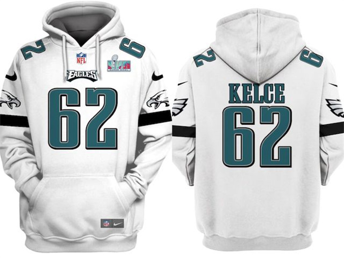 Men's Philadelphia Eagles #62 Jason Kelce White Super Bowl LVII Patch Pullover Hoodie