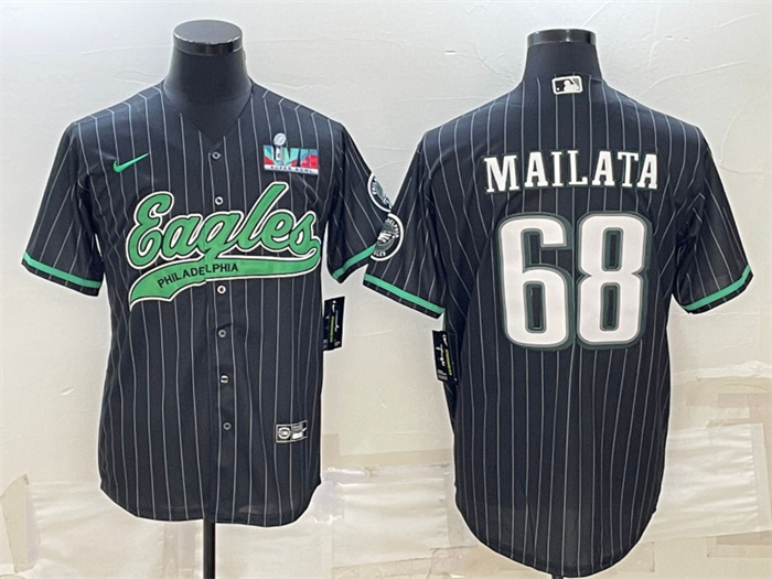 Men's Philadelphia Eagles #68 Jordan Mailata Black With Super Bowl LVII Patch Cool Base Stitched Baseball Jerseys