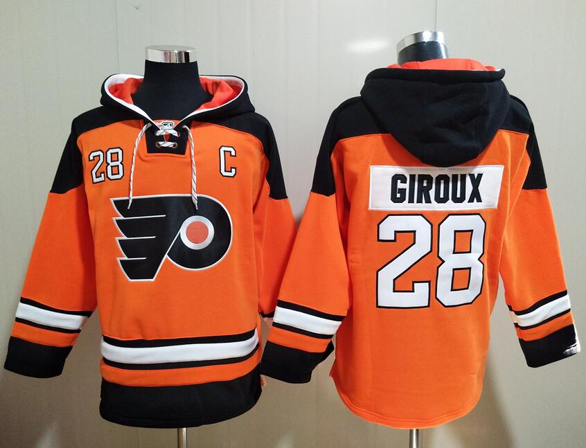 Men's Philadelphia Flyers #28 Claude Giroux Orange Black All Stitched Hooded Sweatshirt Ageless Must-Have Lace-Up Pullover Hoodie
