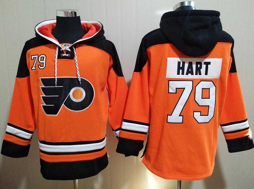 Men's Philadelphia Flyers #79 Carter Hart  Orange Black All Stitched Hooded Sweatshirt Ageless Must-Have Lace-Up Pullover Hoodie