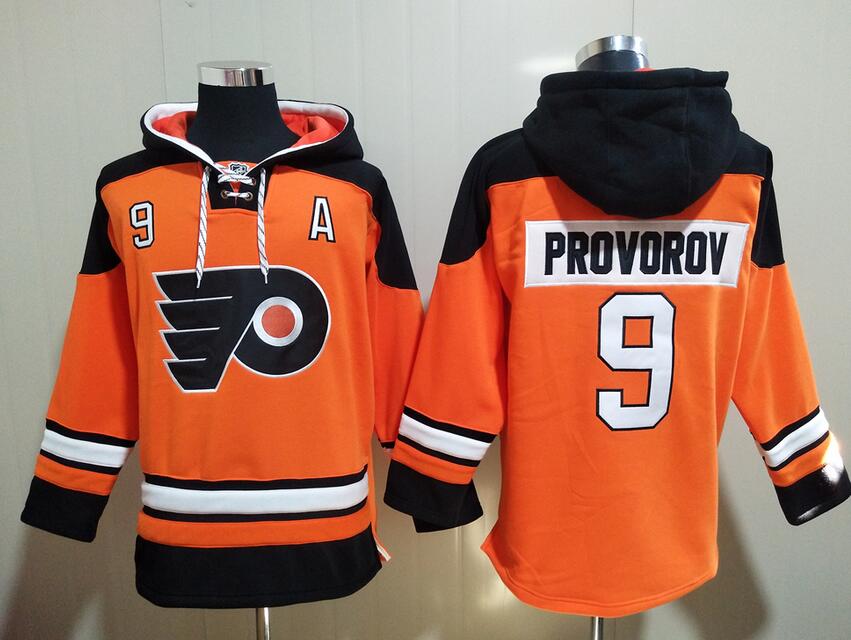 Men's Philadelphia Flyers #9 Ivan Provorov Orange Black All Stitched Hooded Sweatshirt Ageless Must-Have Lace-Up Pullover Hoodie
