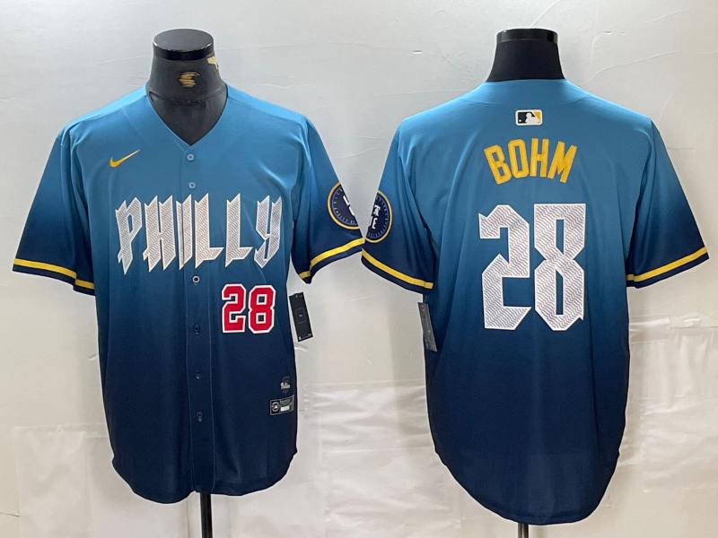 Men's Philadelphia Phillies #28 Alec Bohm Blue 2024 City Player Number Cool Base Stitched Jerseys