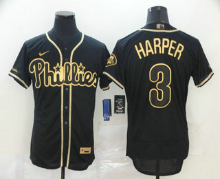 Men's Philadelphia Phillies #3 Bryce Harper Black Golden Stitched MLB Flex Base Nike Jersey