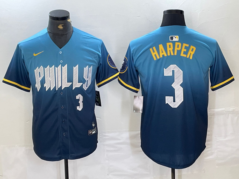 Men's Philadelphia Phillies #3 Bryce Harper Number Blue 2024 City Connect Limited Stitched Jersey