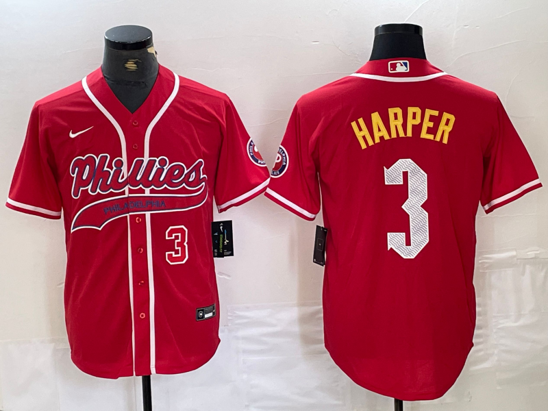 Men's Philadelphia Phillies #3 Bryce Harper Number Red Cool Base Stitched Baseball Jersey