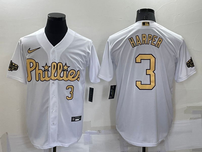Men's Philadelphia Phillies #3 Bryce Harper Number White 2022 All Star Stitched Cool Base Nike Jersey