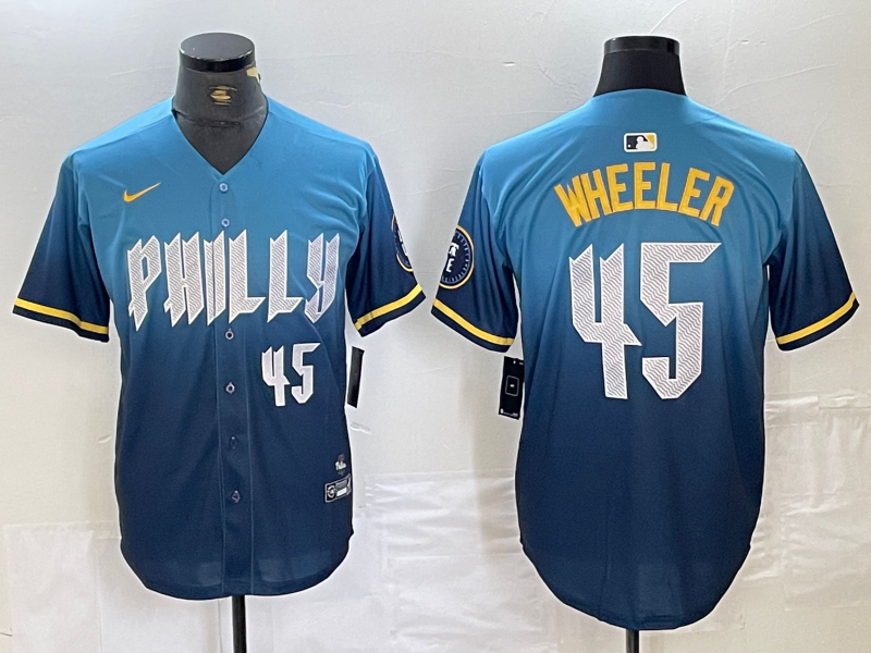 Men's Philadelphia Phillies #45 Zack Wheeler Blue 2024 City Player Number Cool Base Stitched Jersey