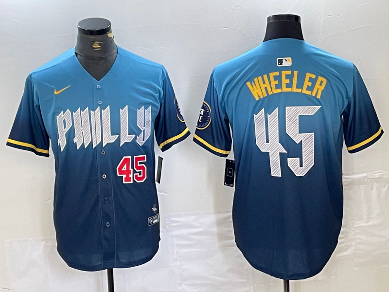 Men's Philadelphia Phillies #45 Zack Wheeler Blue 2024 City Player Number Cool Base Stitched Jerseys