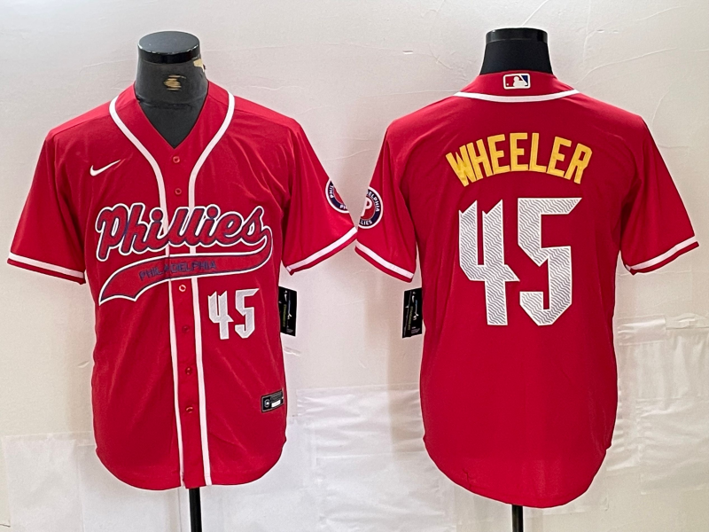 Men's Philadelphia Phillies #45 Zack Wheeler Number Red Cool Base Stitched Baseball Jersey